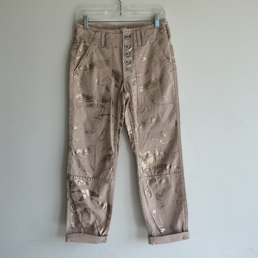 Anthropologie The Wanderer Gold Foil Print Pants Beige High Rise Straight Leg 26